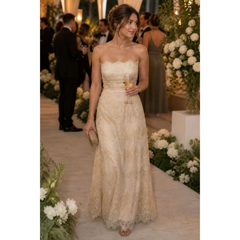 $530 Tadashi Shoji Strapless Lace Scalloped Gown w Stole NEW Wedding Designer 6
